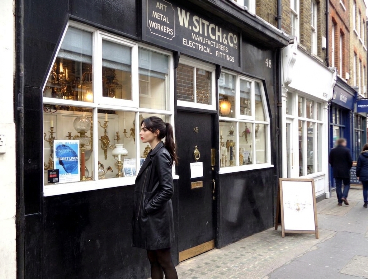 A photo of Cindy on the sidewalk, looking up at the historic facade of 48 Berwick Street, London, which features an active shopfront