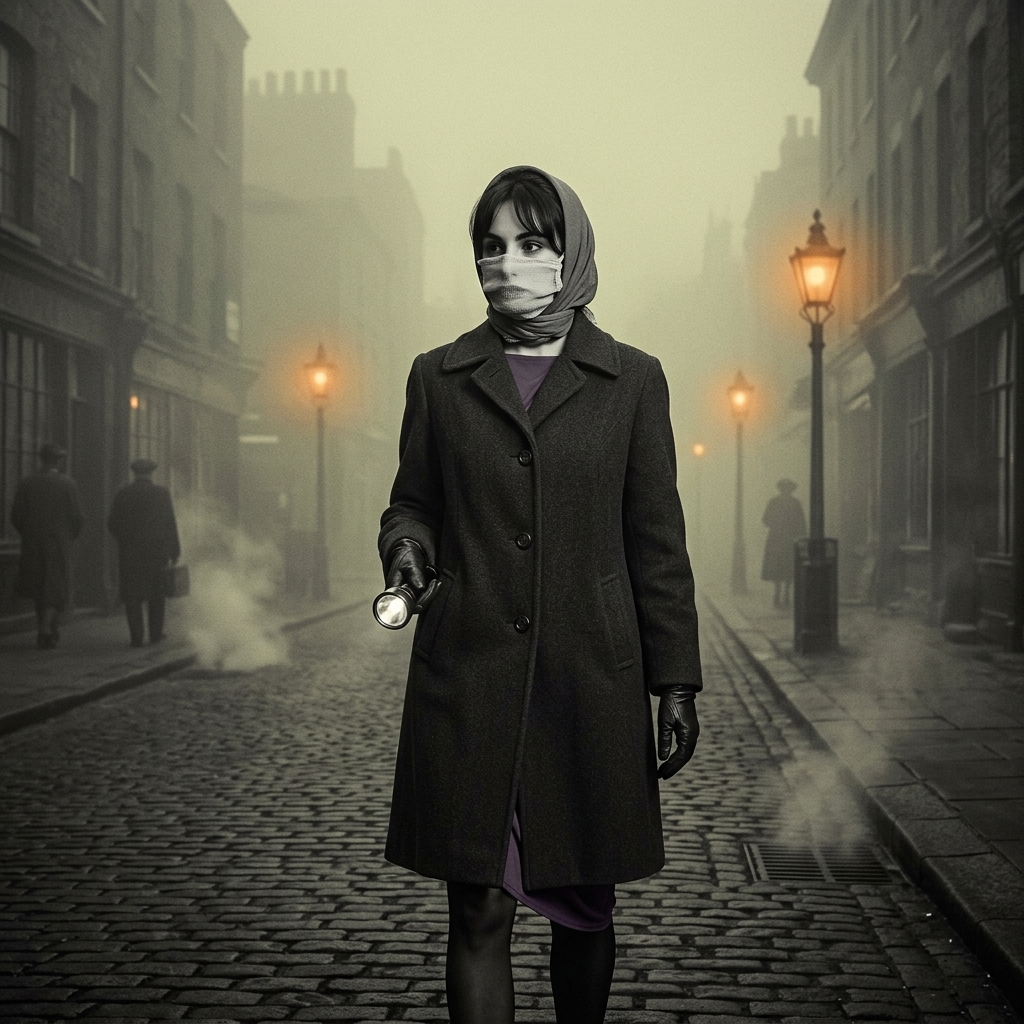 A metaphorical image of a researcher lost in a 1950s London Pea Souper fog, looking confused at fragmented records