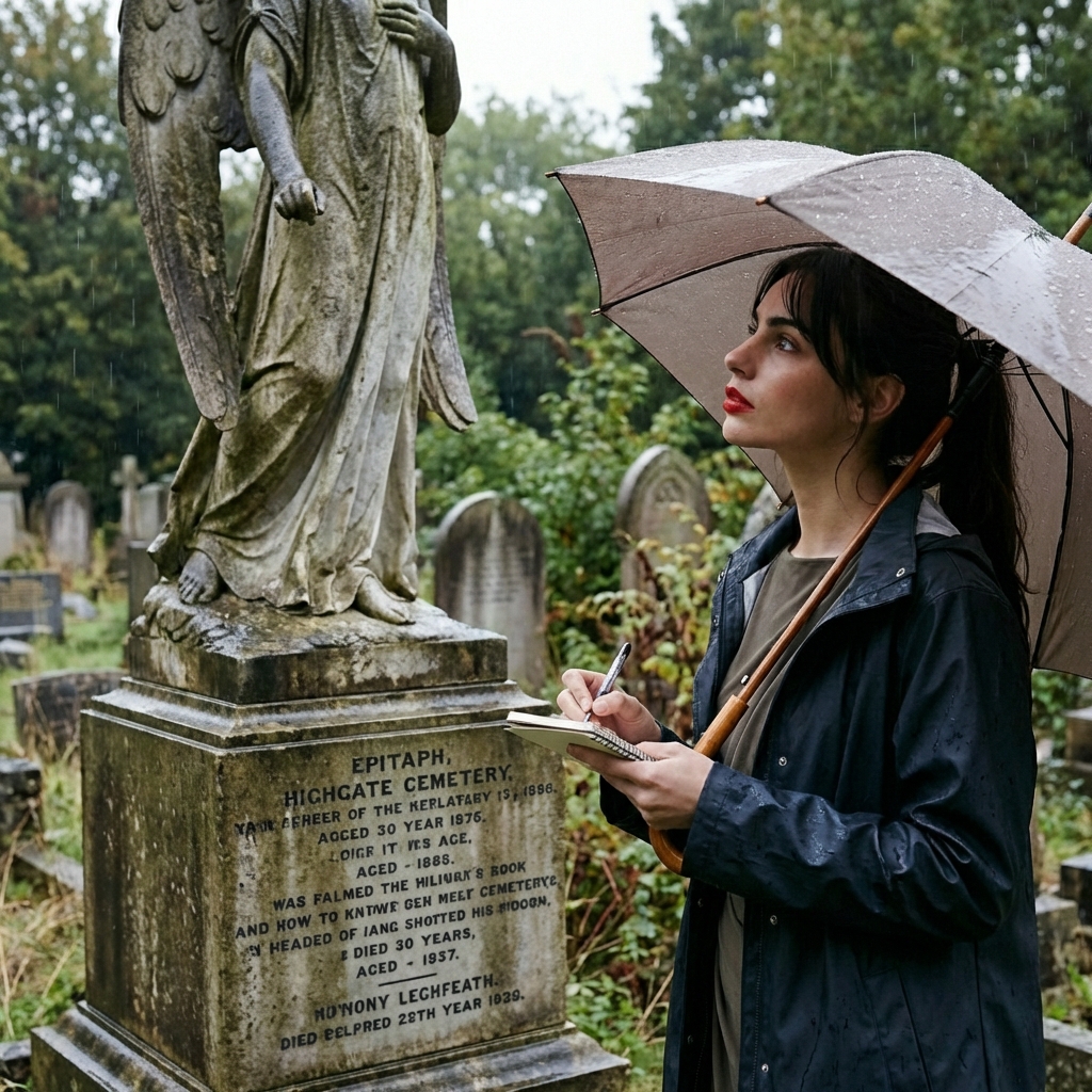 Human researcher taking notes in a rainy graveyard in front of an old monument